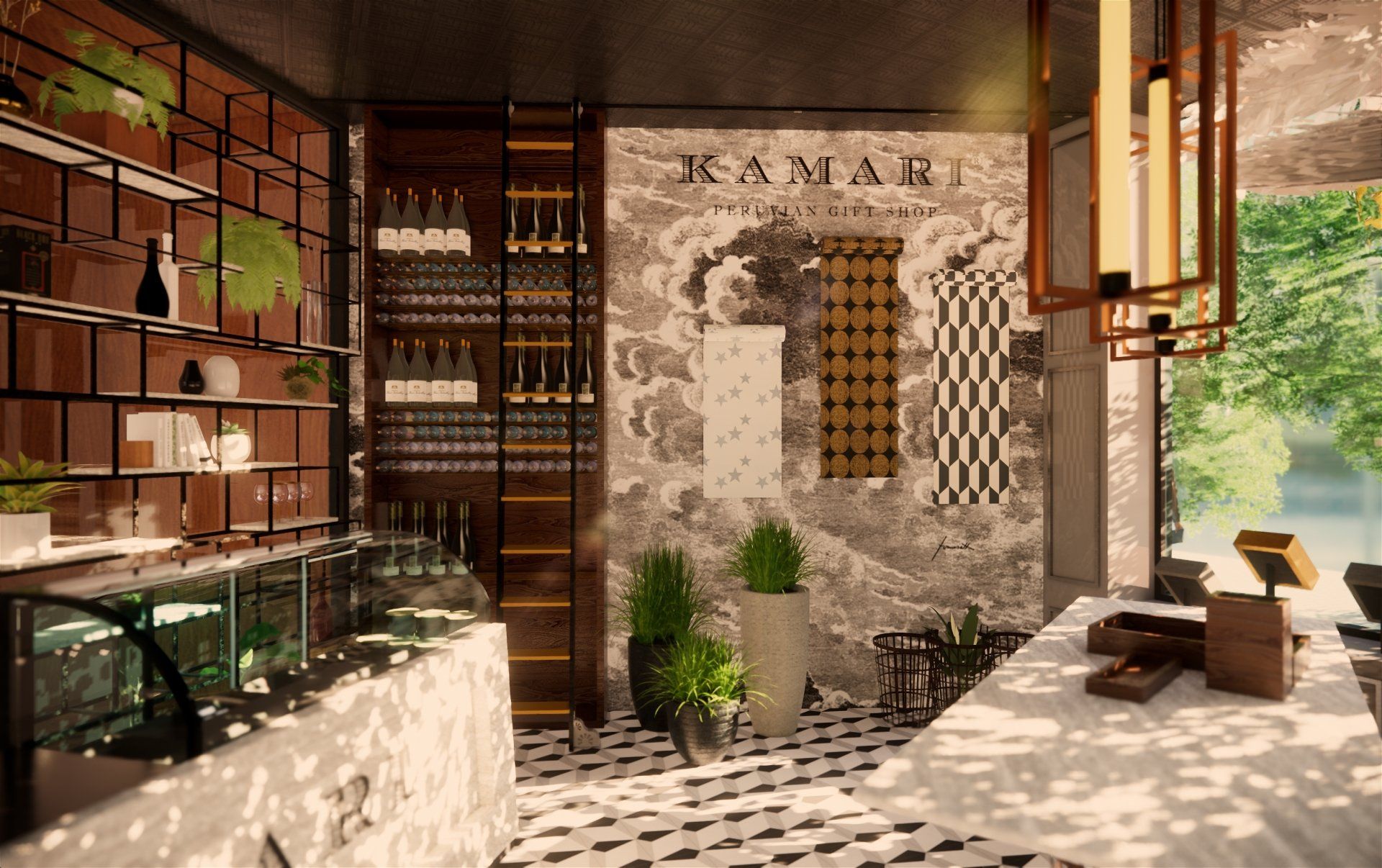 Una representación 3D de un restaurante con una pared de ladrillos y un piso a cuadros.