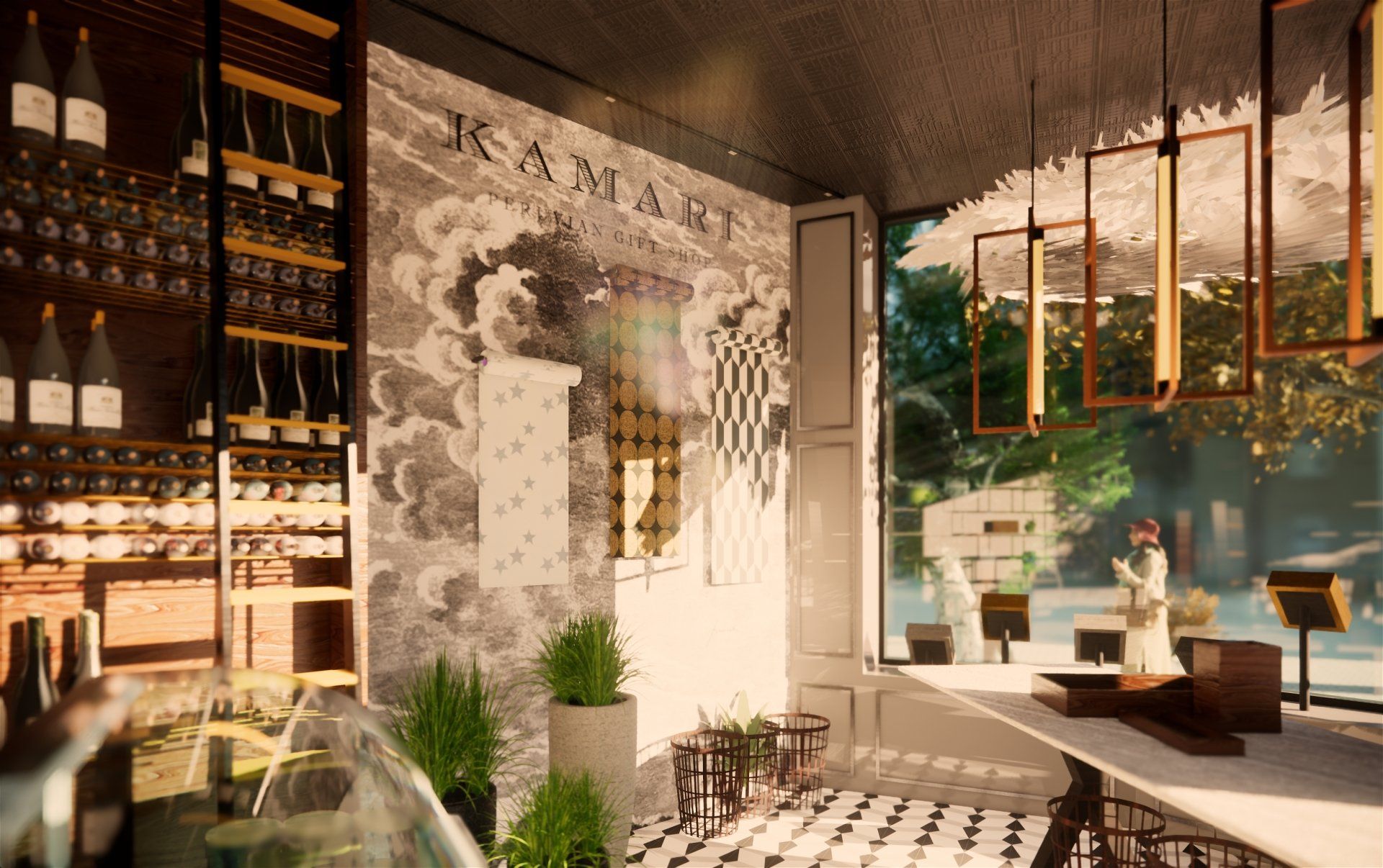 Impresión artística de un restaurante con una mesa grande y una ventana grande.