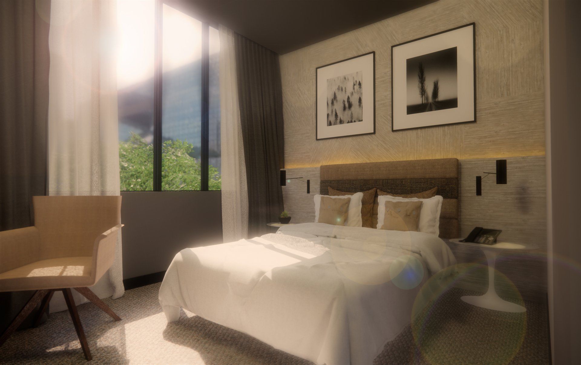 Impresión artística de una habitación de hotel con una cama grande y una silla.