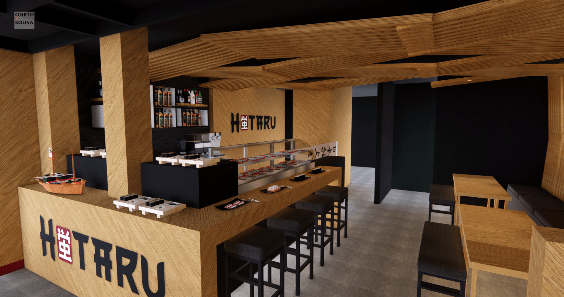 Una representación 3D de un restaurante con mostrador y mesas de madera.