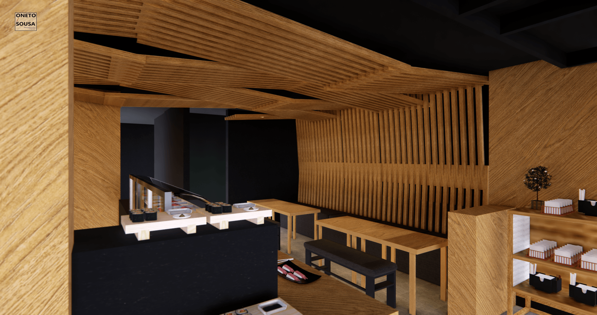Una representación 3D de un restaurante con mesas y bancos de madera.