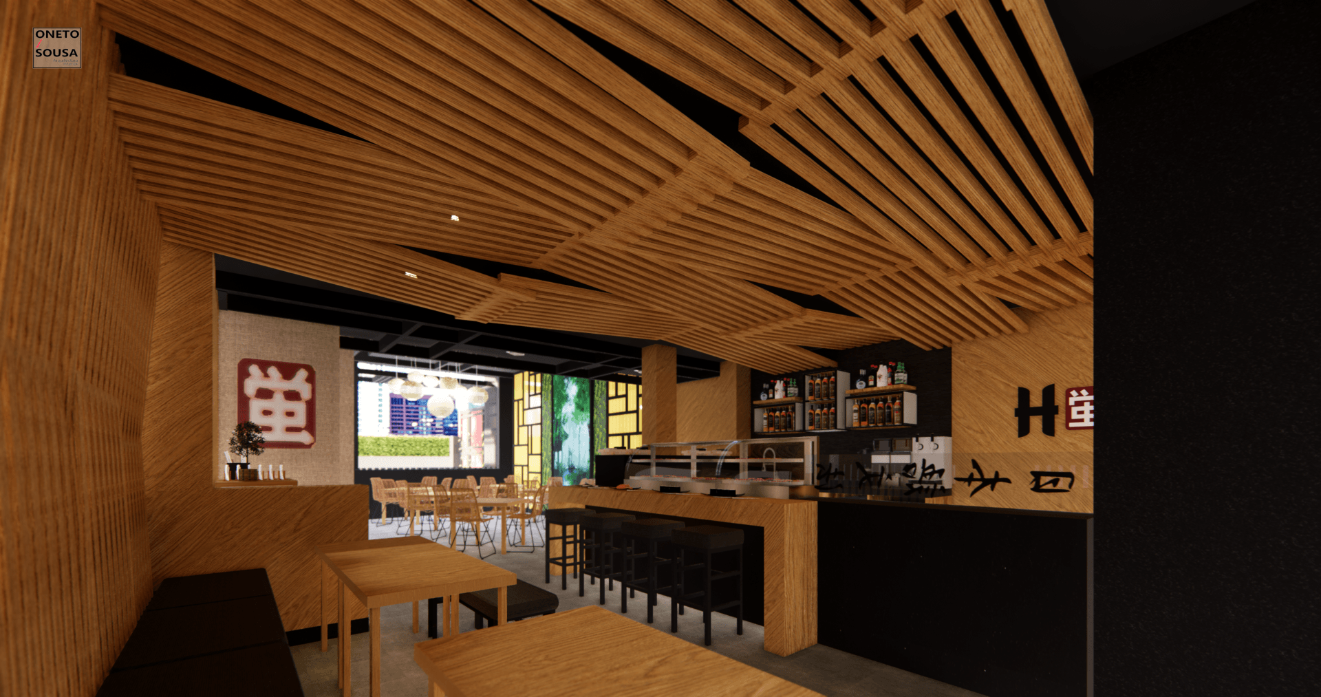 Un restaurante con mesas y sillas de madera y techo de madera.