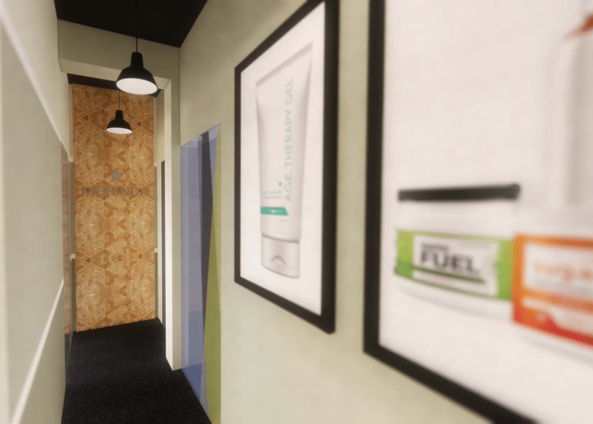 Un pasillo con una imagen de un tubo de combustible en la pared.