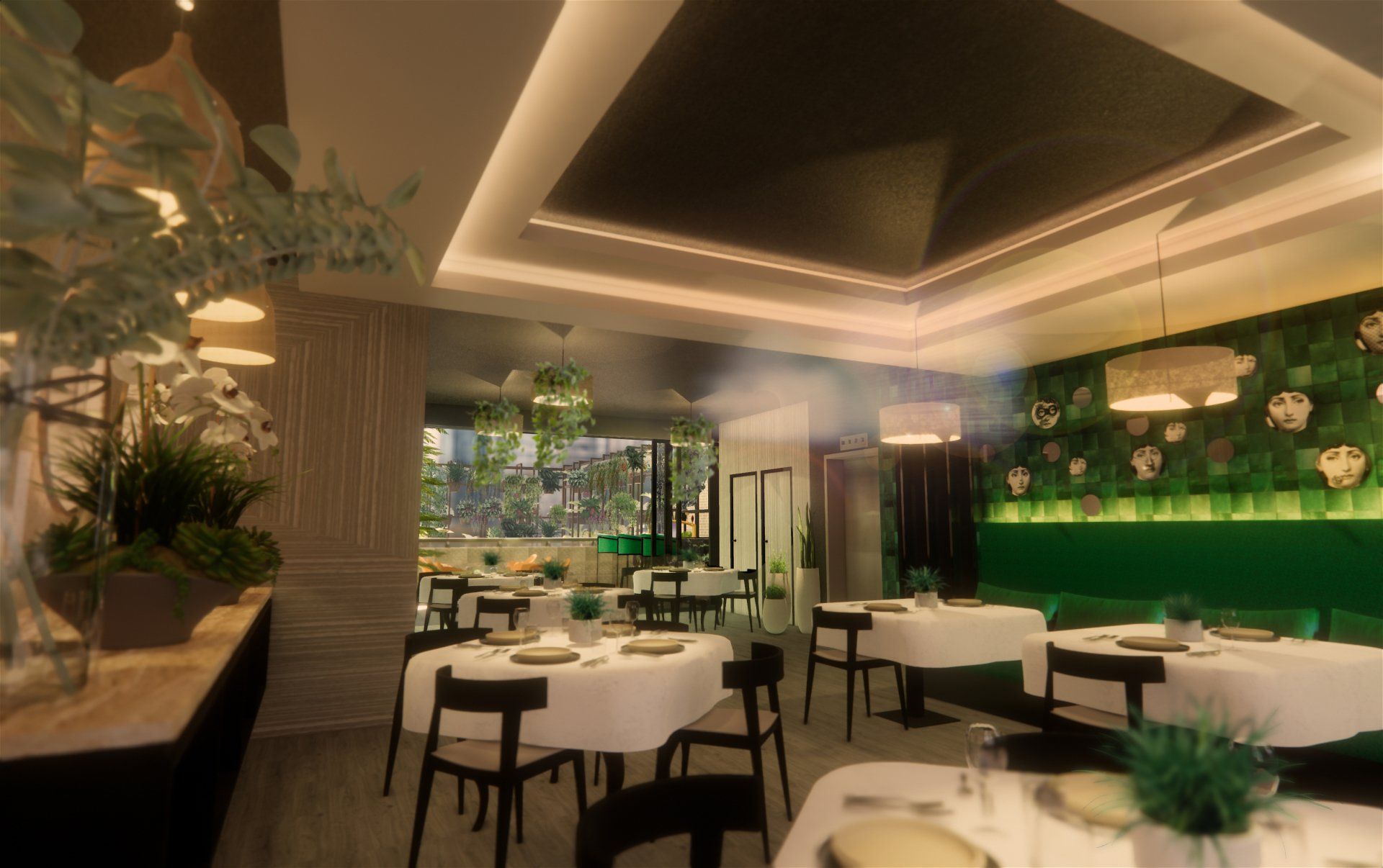 Un restaurante con mesas y sillas y una pared verde.