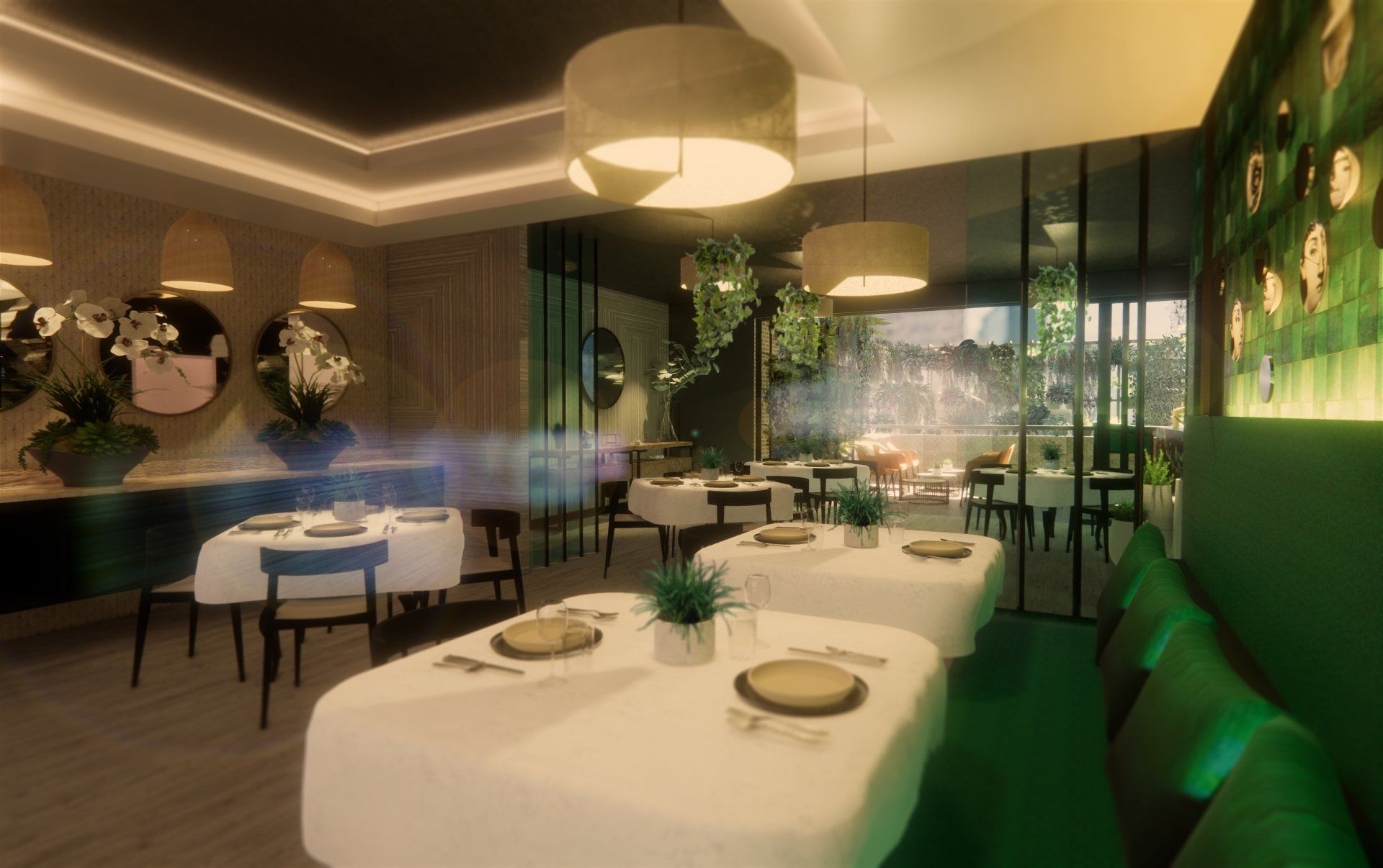 Una impresión artística de un restaurante con mesas y sillas.