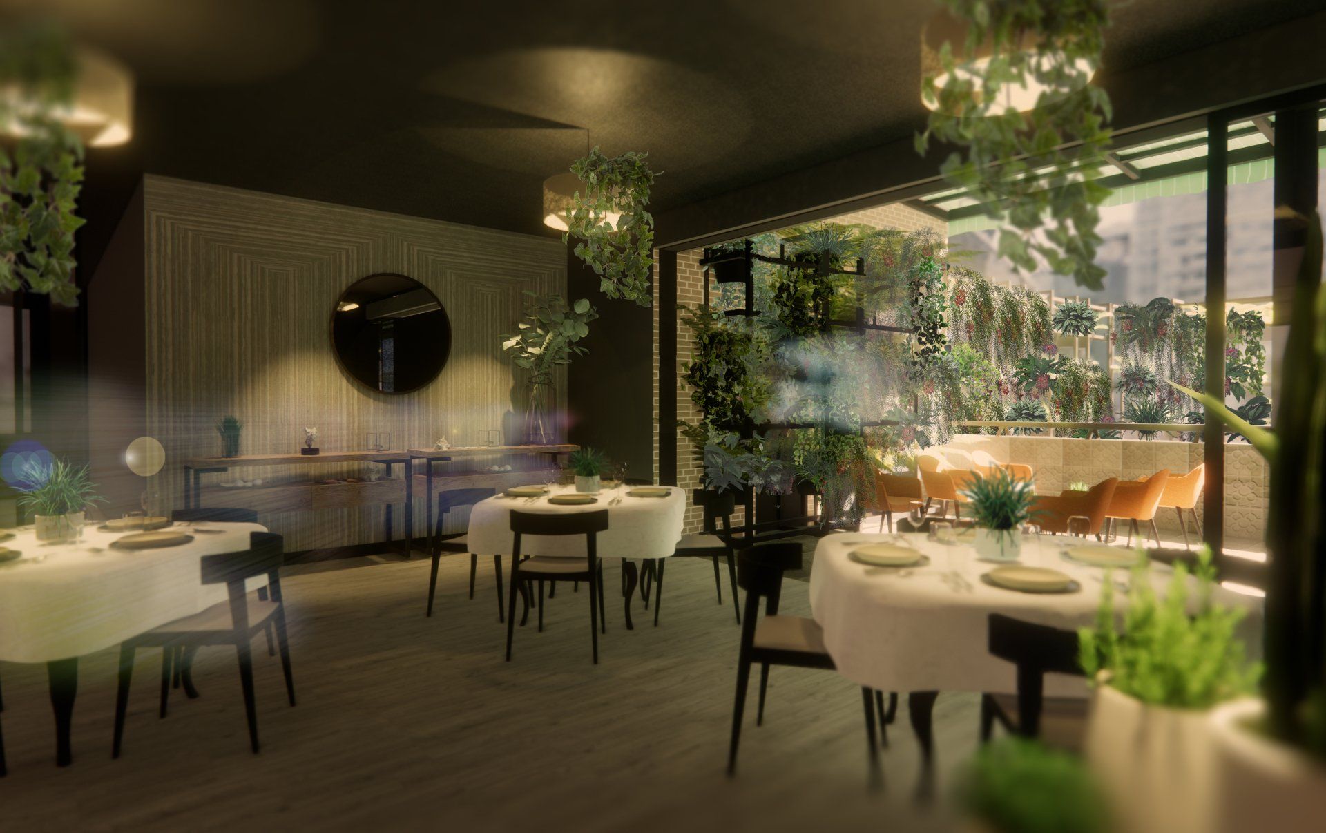 Una impresión artística de un restaurante con mesas y sillas.