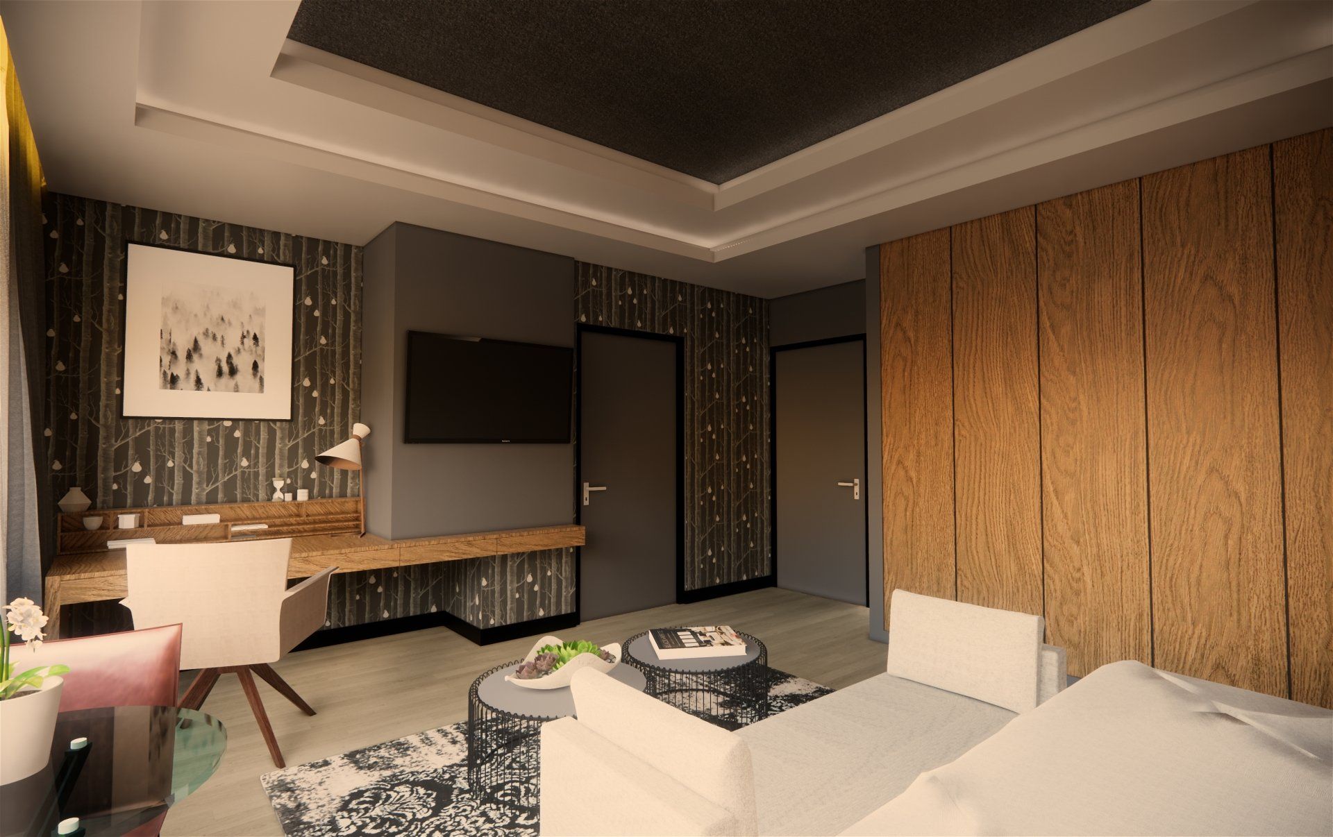 Impresión artística de un dormitorio con cama, escritorio y televisión.