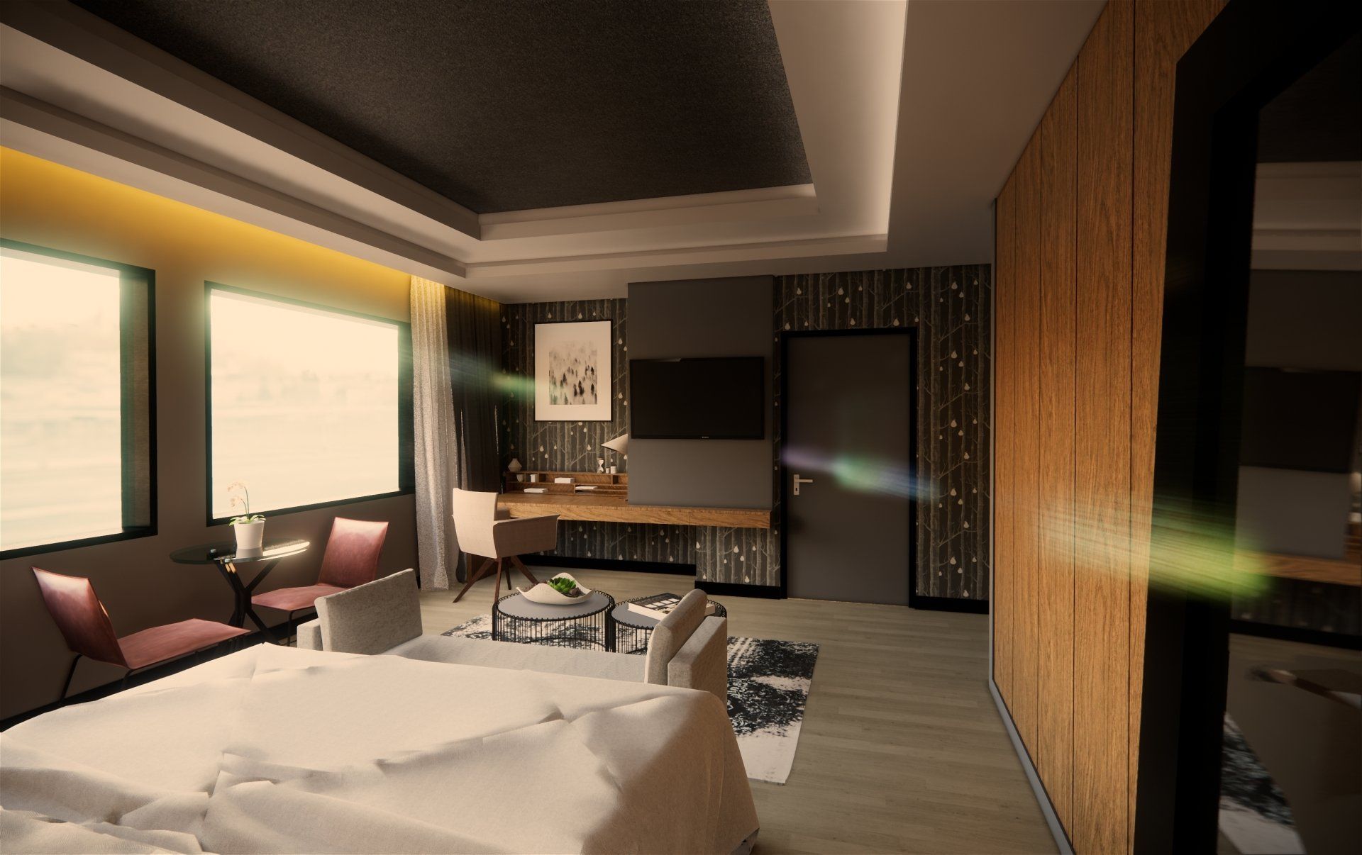 Impresión artística de una habitación de hotel con una cama grande.