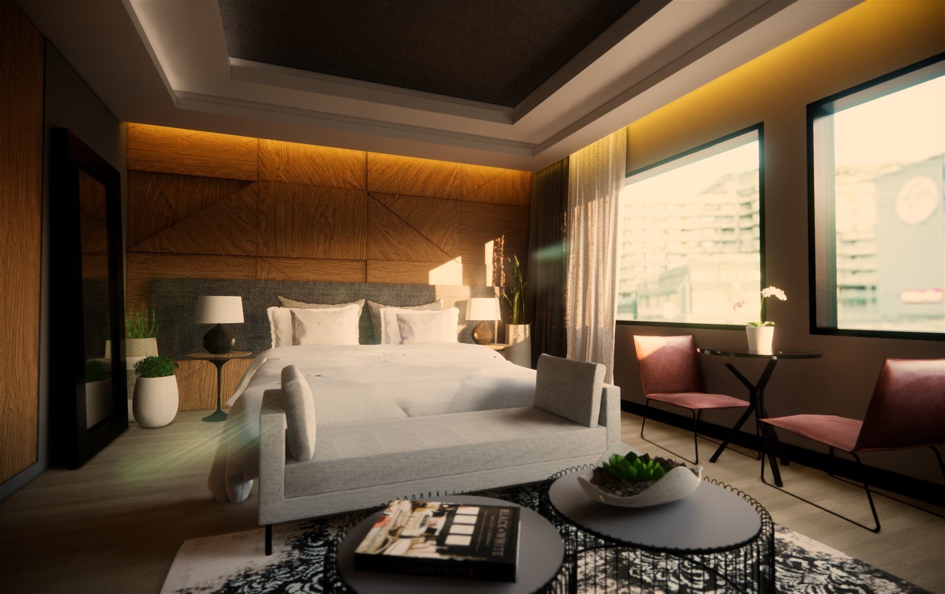 Una habitación de hotel con una cama grande y un sofá.