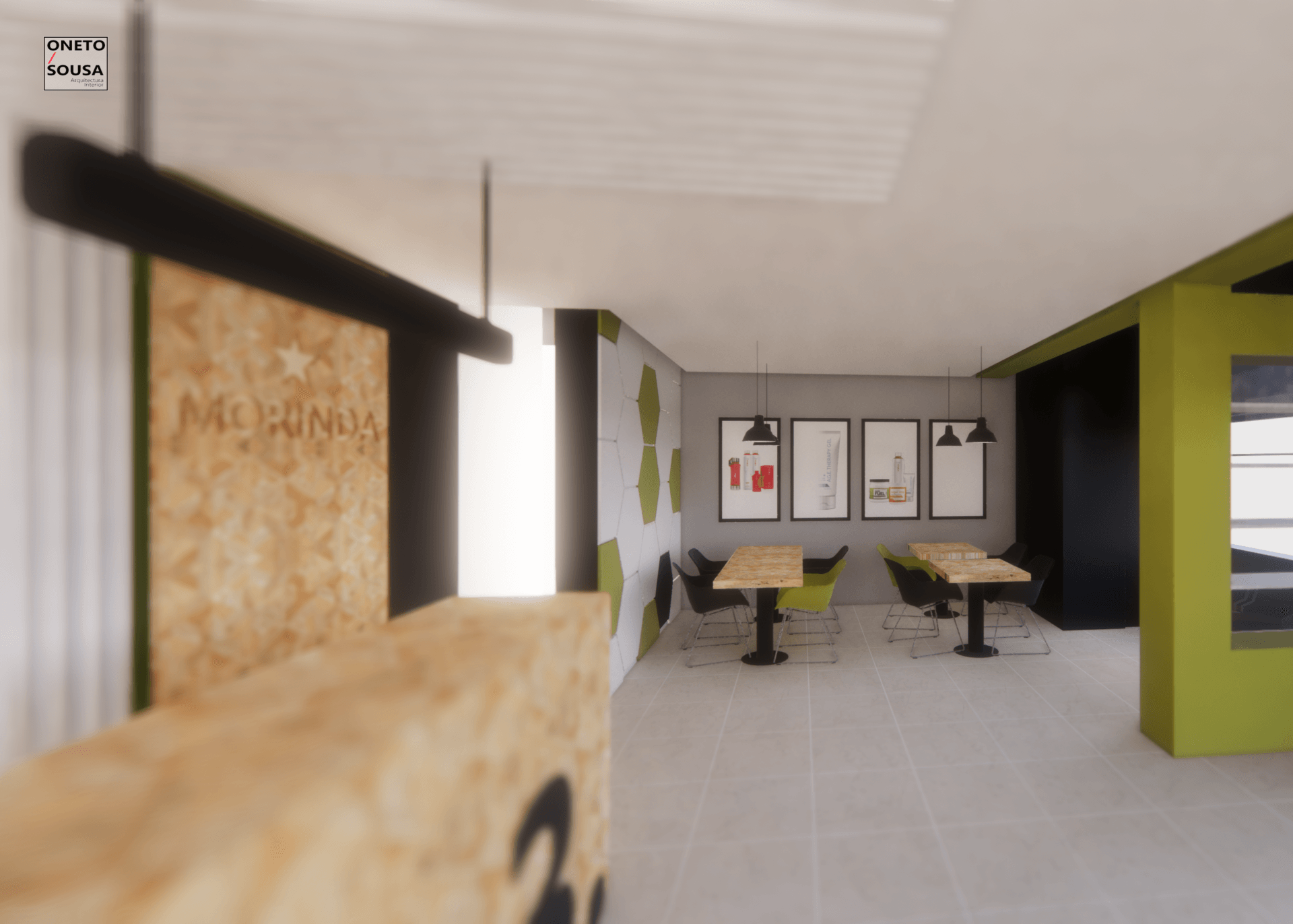 Una imagen generada por computadora de una habitación con mesas y sillas.