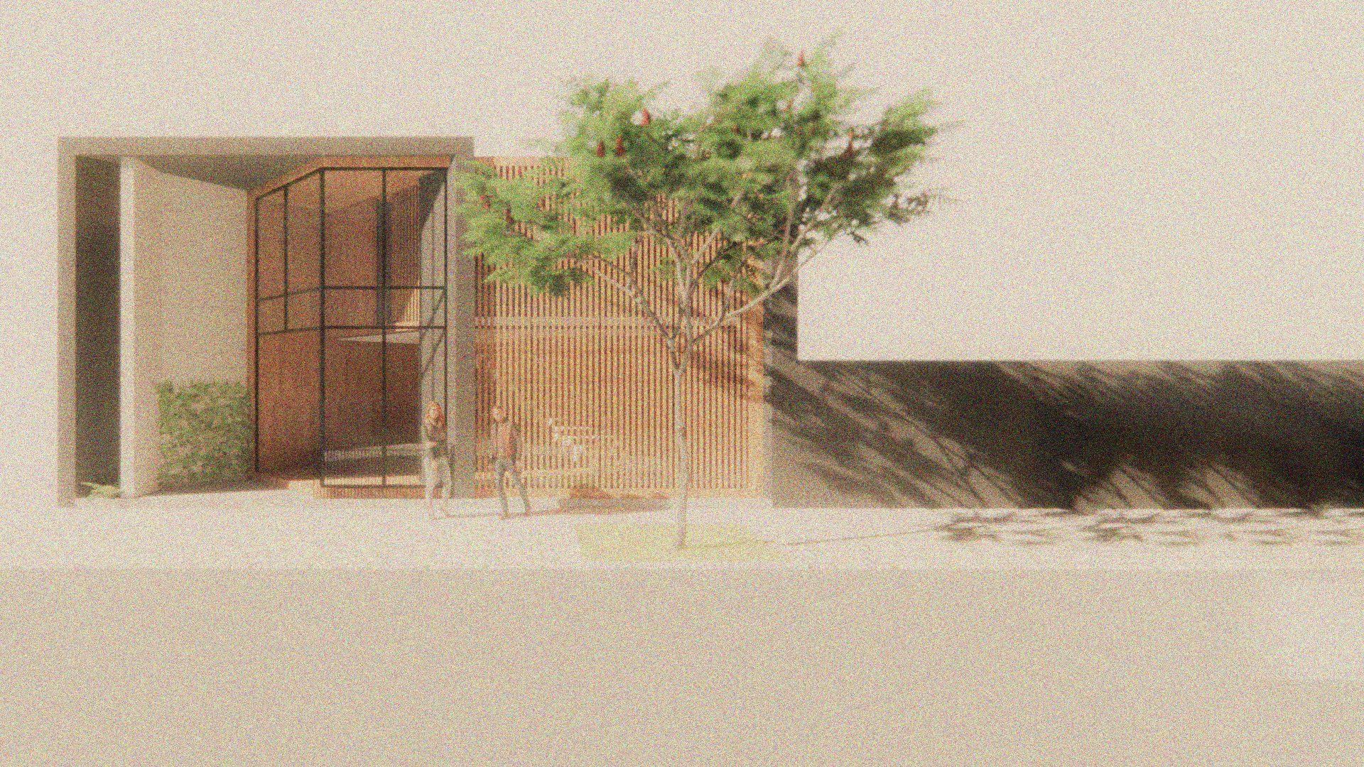 Un dibujo de una casa con un árbol delante de ella.