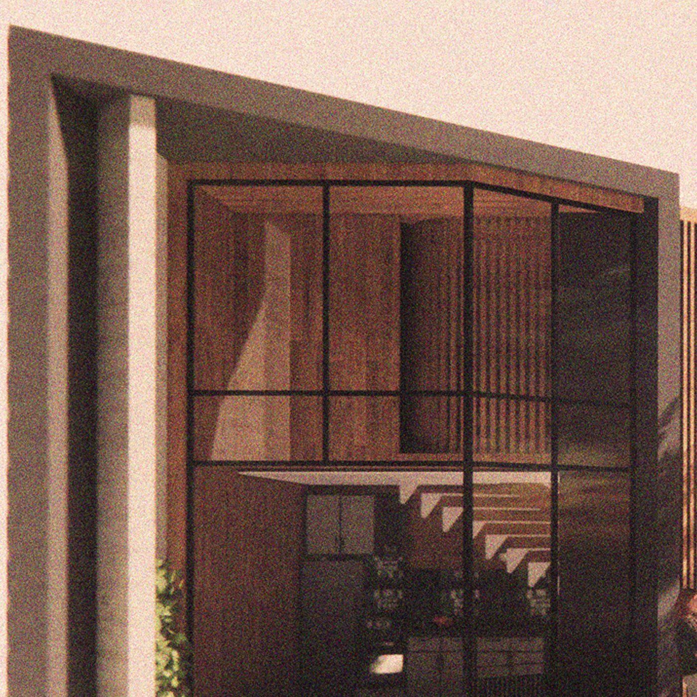 Impresión artística de una casa con escaleras y una gran ventana.