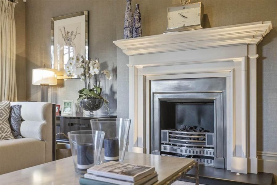 Stone fireplace in a living area
