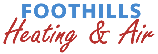 The logo for foothills heating and air is blue and red.