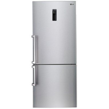 Frigorifero LG in acciaio inox con congelatore inferiore, maniglie verticali e pannello di controllo digitale sulla porta superiore.