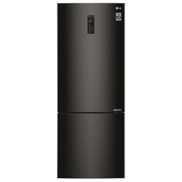 Frigorifero LG moderno di colore nero con congelatore inferiore e pannello di controllo digitale della temperatura sulla porta superiore.