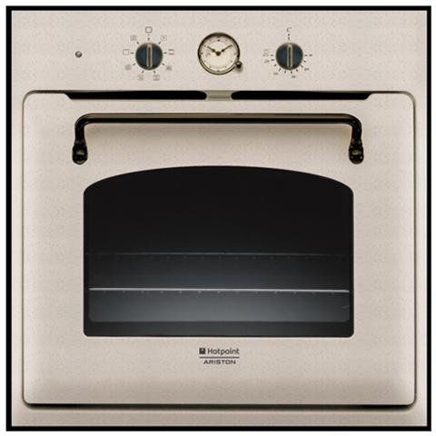 Forno da incasso Hotpoint-Ariston in acciaio inox con orologio analogico, manopole di controllo e oblò centrale in vetro.