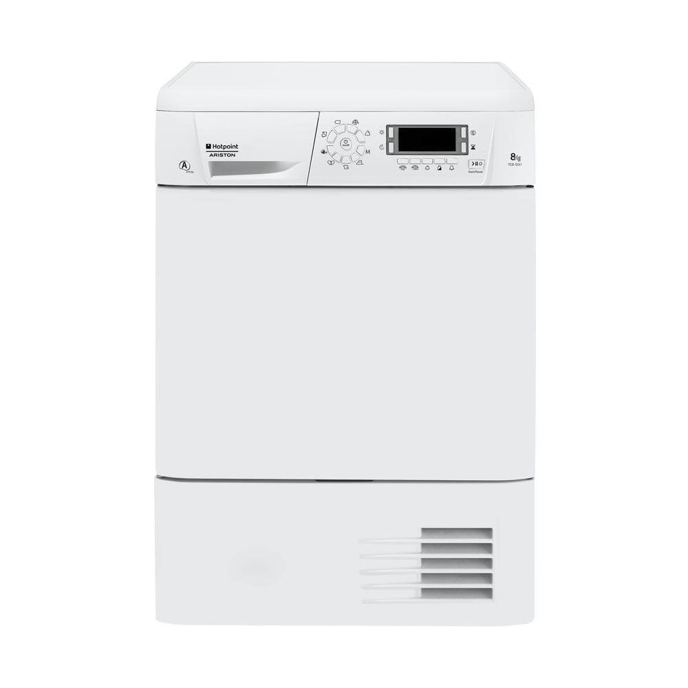 Un'asciugatrice Hotpoint bianca con manopola di controllo e display digitale, vista frontalmente su sfondo bianco.