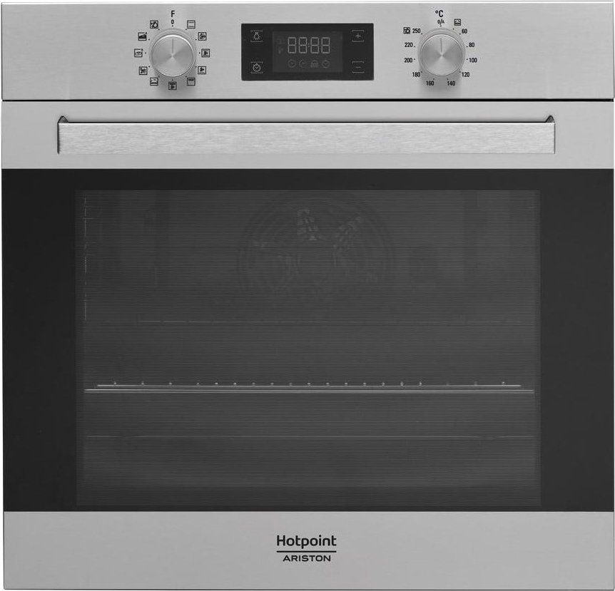 Forno da incasso Hotpoint Ariston in acciaio inox con display digitale, due manopole di controllo e sportello in vetro.