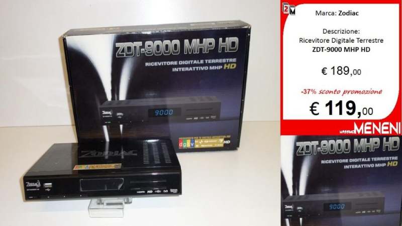 Ricevitore digitale terrestre Zodiac ZDT-8000 MHP HD con la sua custodia, a un prezzo ridotto da 189 € a 119 €.