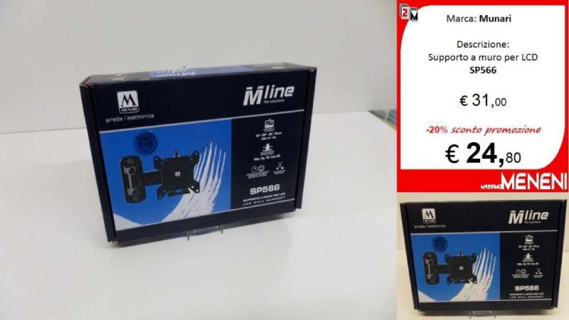 Supporto a parete Mline per schermi LCD, in una scatola nera, con un cartellino del prezzo che indica uno sconto da 31 € a 24,80 €.