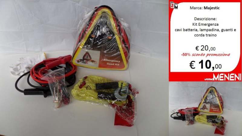Kit di emergenza per auto della marca Majestic, completo di cavi per batteria, triangolo di emergenza, guanti e fune da traino, in vendita a 10 €.