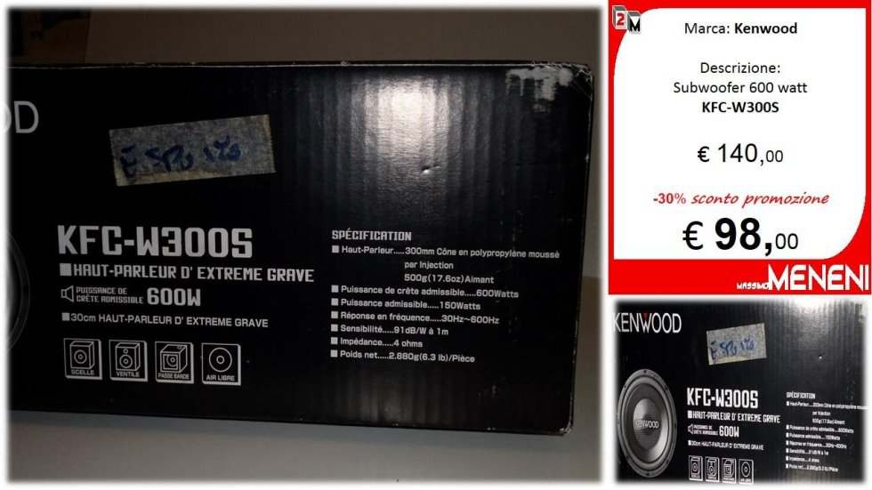 Un subwoofer Kenwood KFC-W300S con un'etichetta che indica un prezzo scontato di 98,00 € anziché 140,00 €.