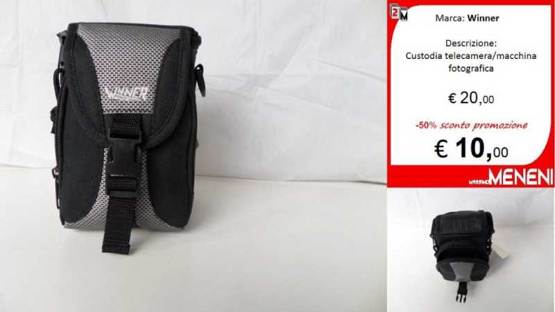 Una borsa per fotocamera Winner in vendita a 10 € da Meneni, con immagini che mostrano il prodotto frontalmente e dall'alto.