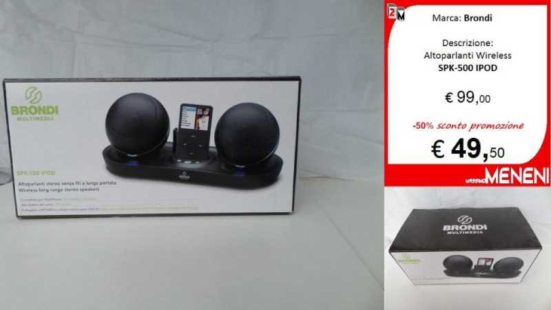Immagine promozionale per gli altoparlanti wireless Brondi per iPod, scontati da 99 € a 49,50 € da Meneni.