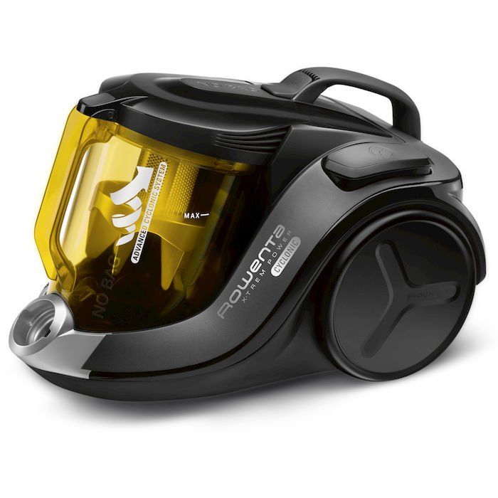 Un aspirapolvere a traino senza sacco Rowenta di colore nero, con un vistoso contenitore per la polvere giallo, inclinato su uno sfondo bianco uniforme.