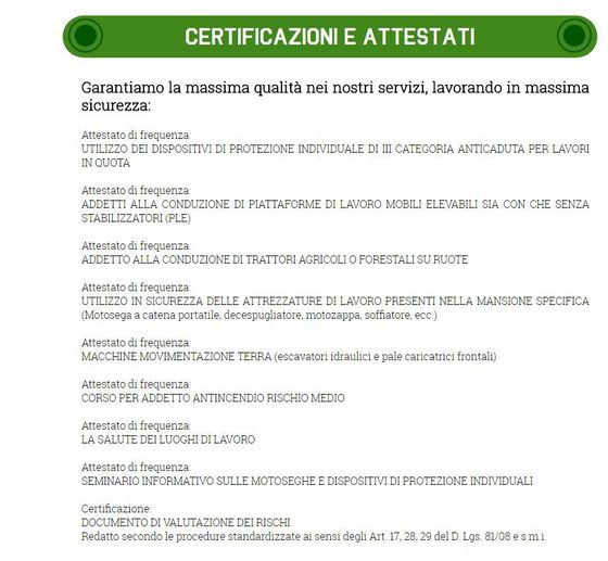 Certificazioni e attestati della ditta di giardinaggio
