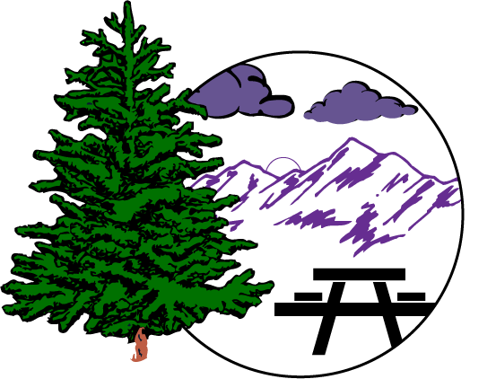 A drawing of a pine tree with mountains in the background