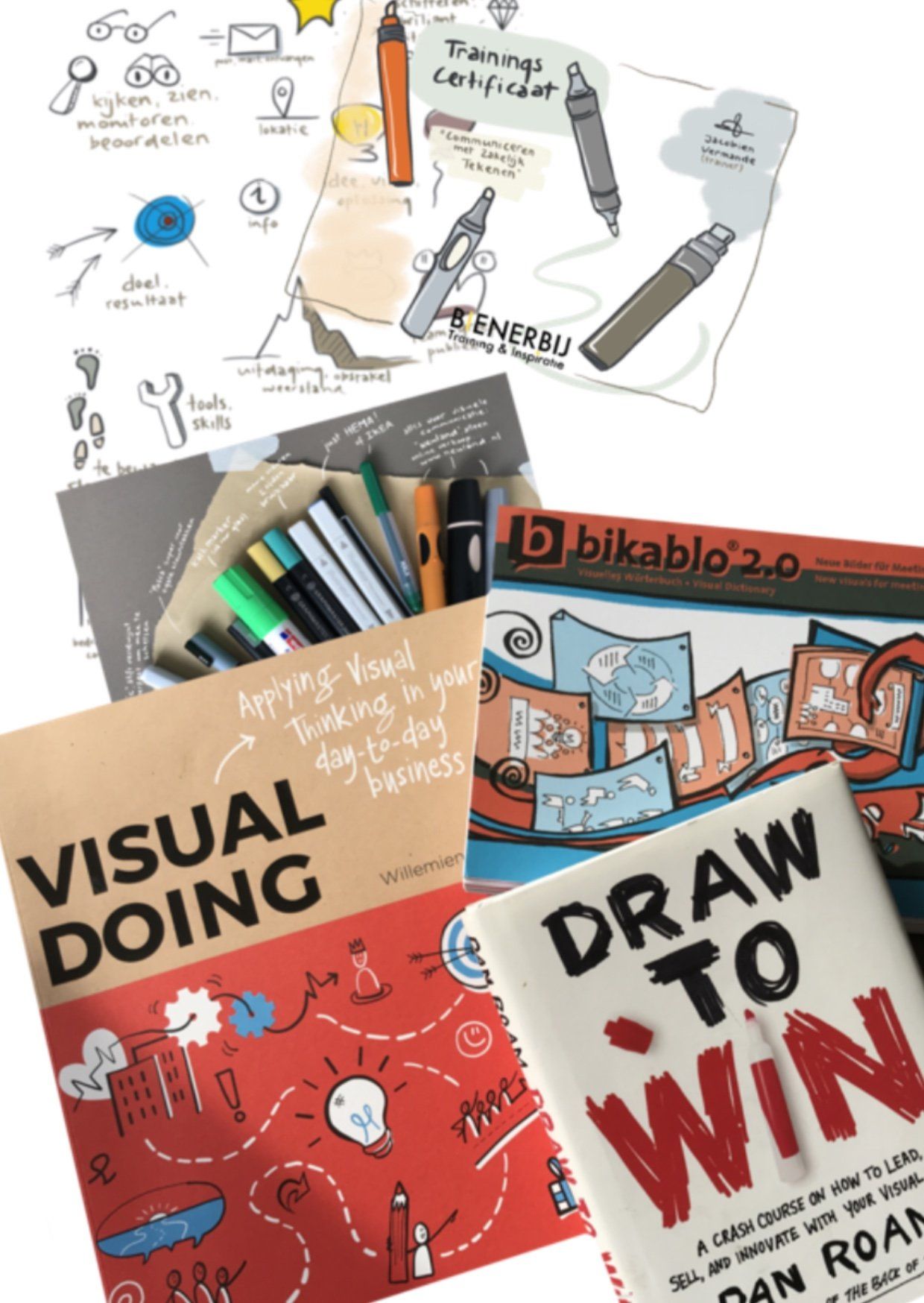 Foto met boek covers over visueel denken en doen