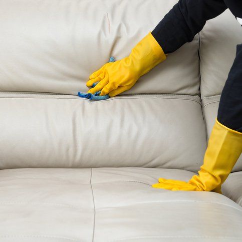 white leather couch being cleaned