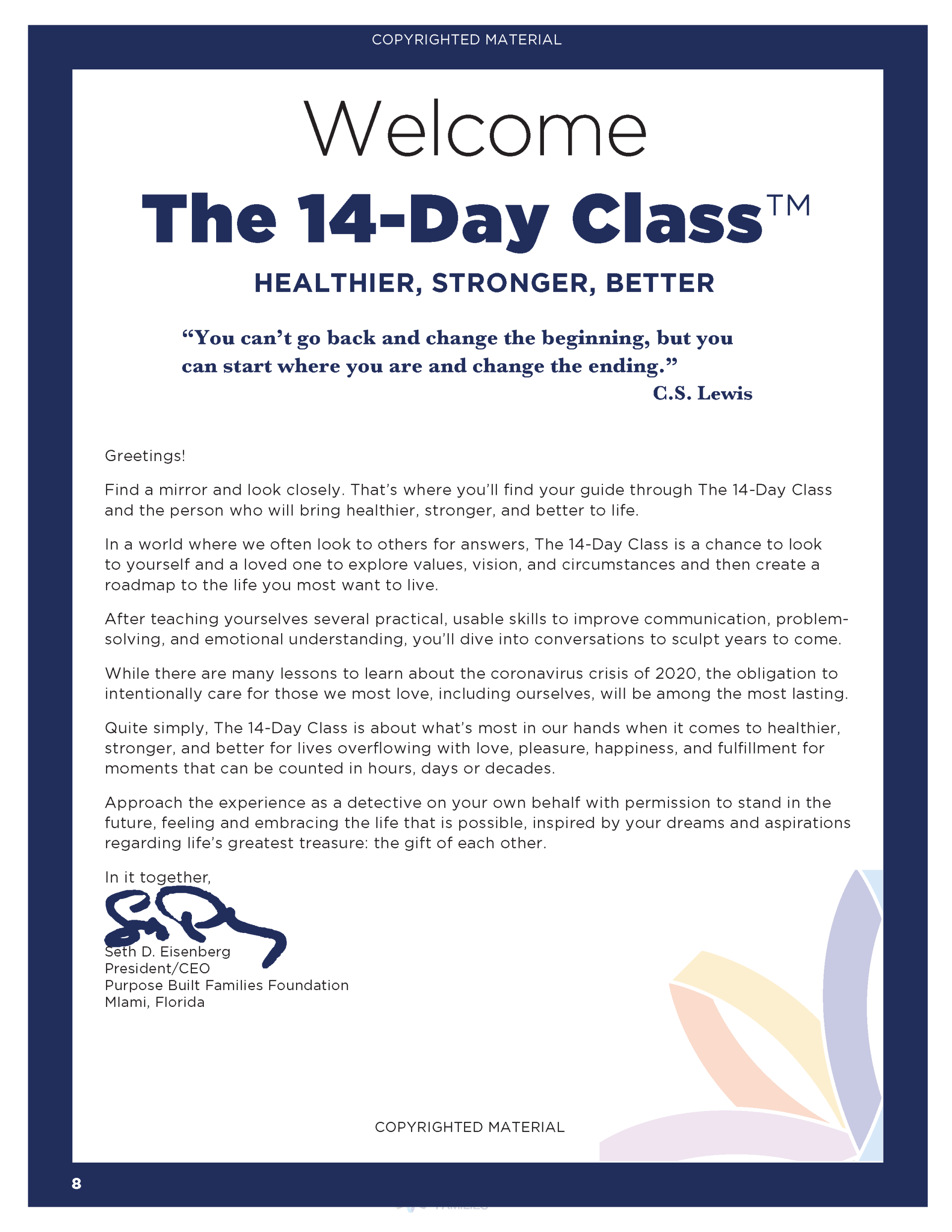 It is a welcome letter for the 14 day class.