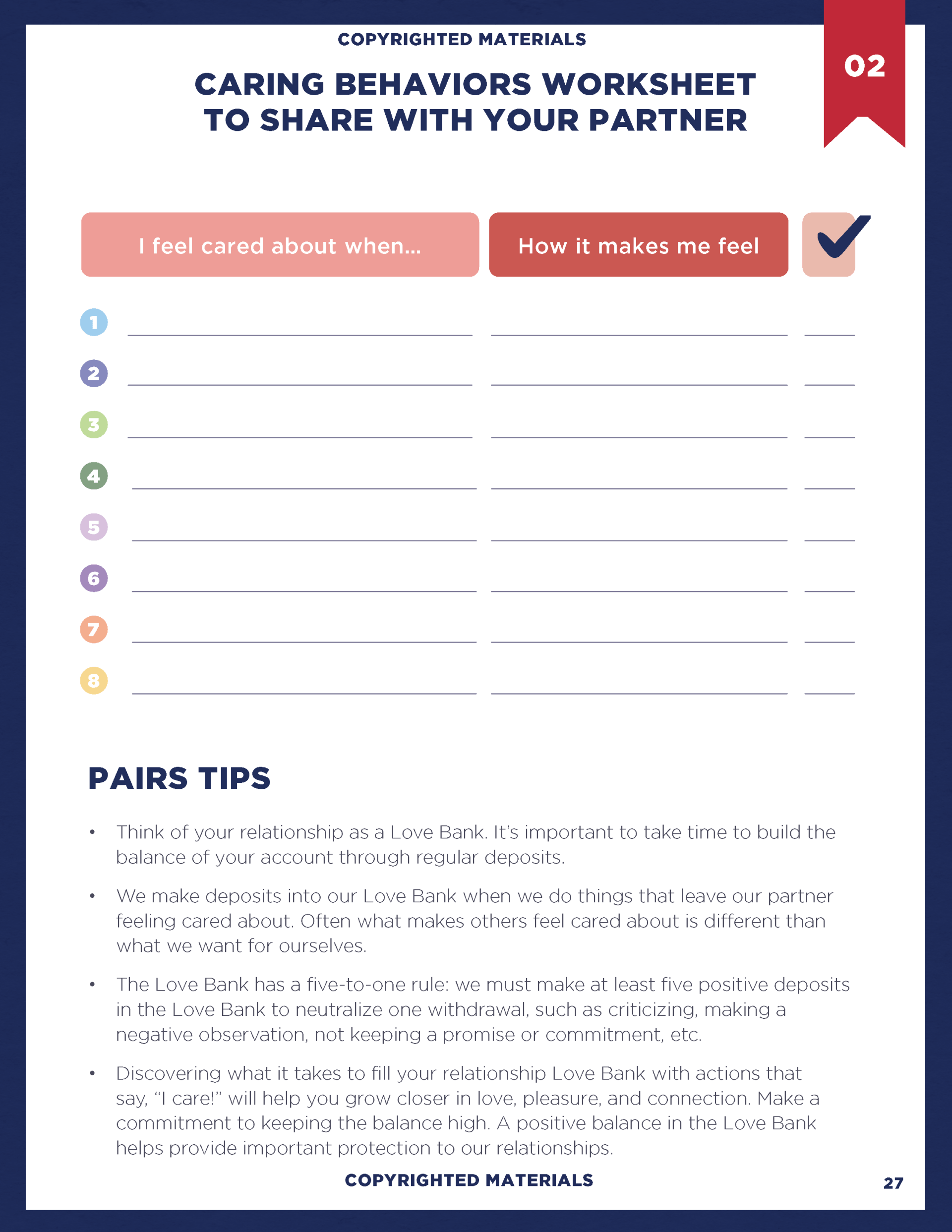 A caring behaviors worksheet to share with your partner