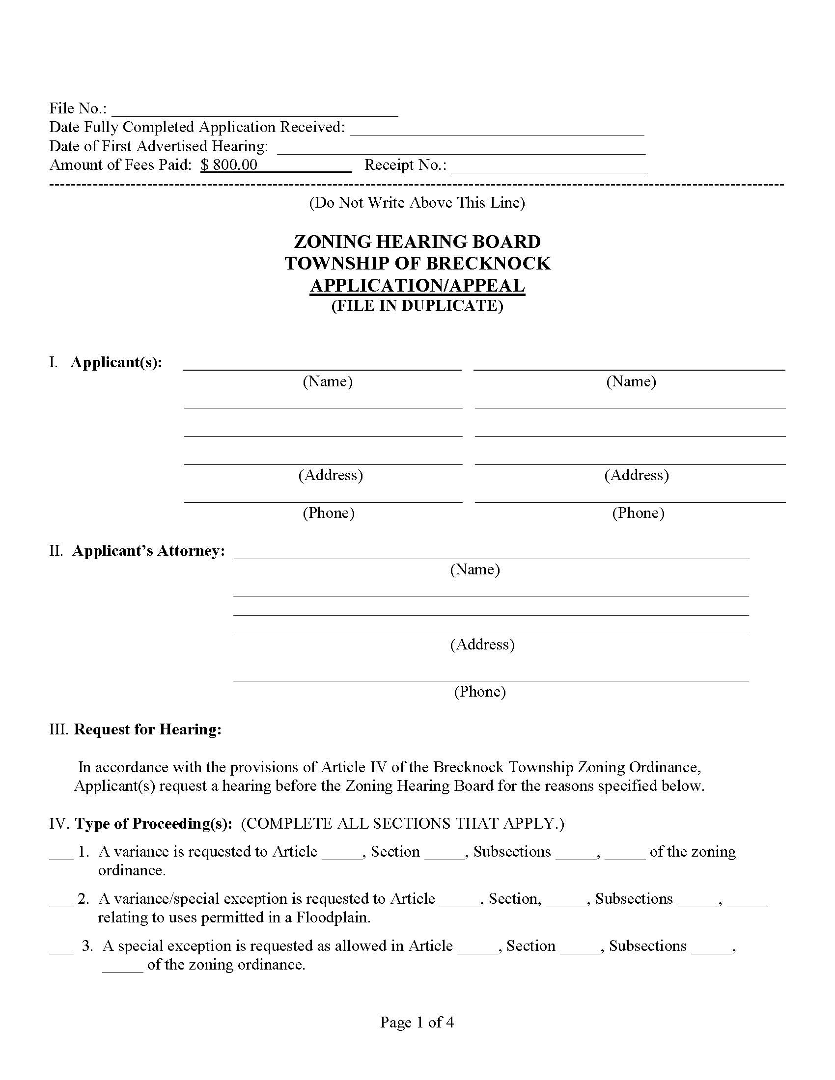 Zoning Hearing Board Application/Appeal
