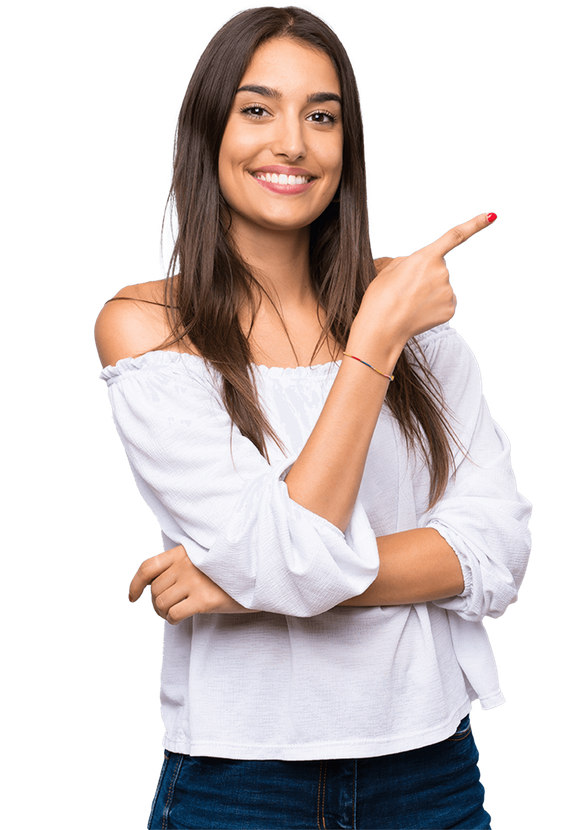 Contact us! A woman is pointing to the side with her finger.