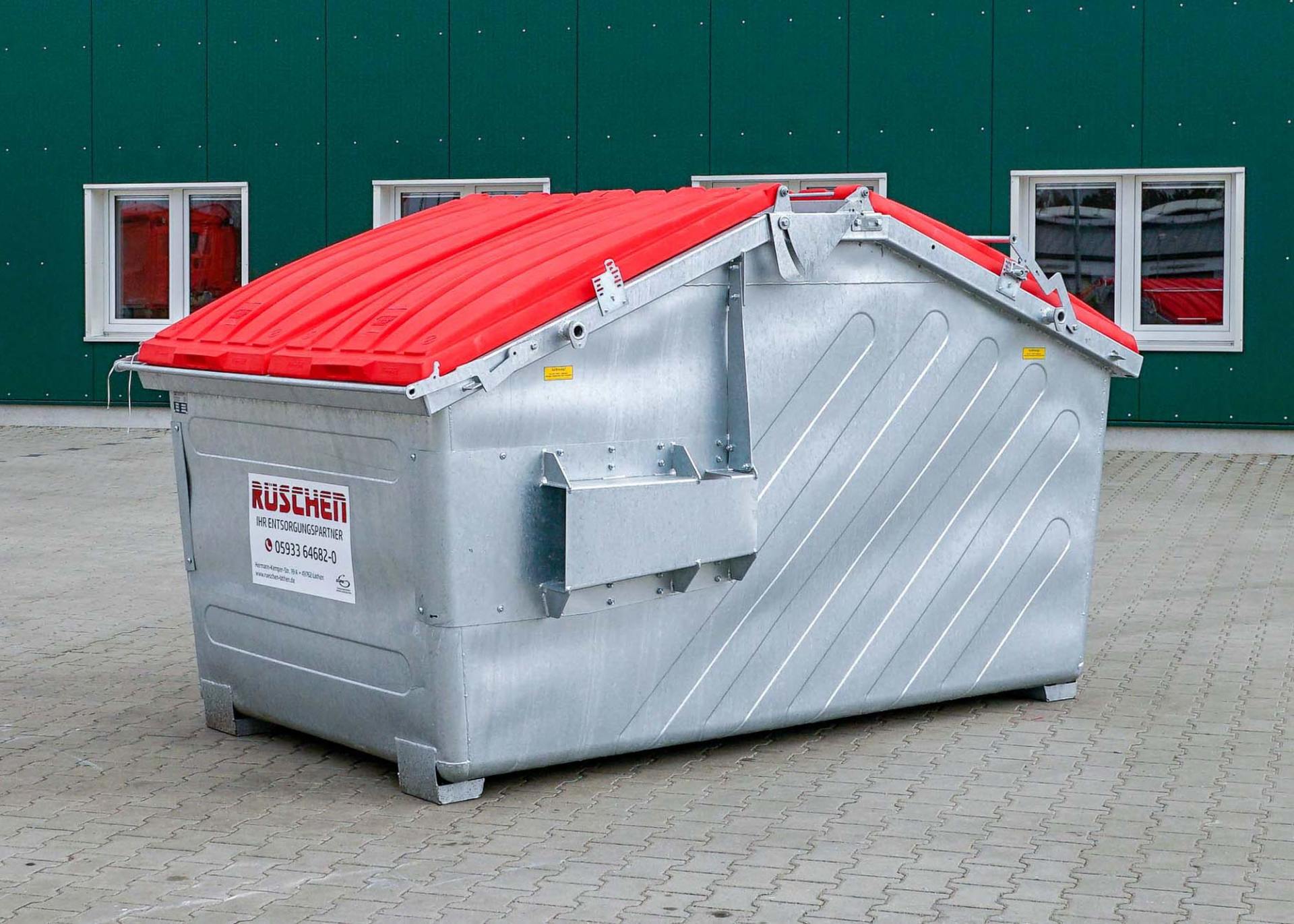 Rüschen Umleerbehälter Ein Umleerbehälter mit rotem Dach und dem Wort Buschmet darauf