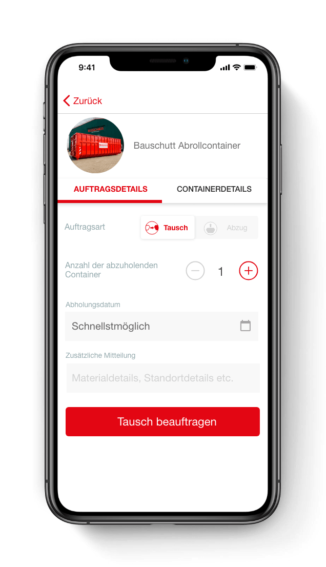 Screenshot aus der App mit Auftragsdetails