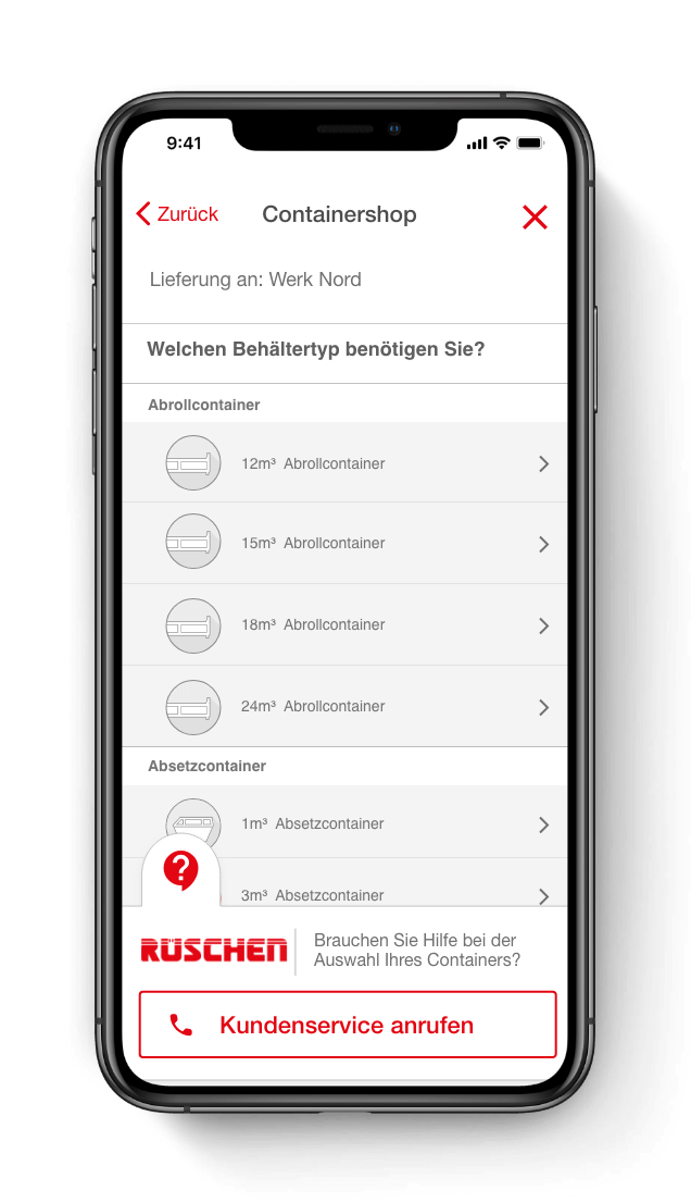 Screenshot der App aus dem Containershop mit Abfrage welcher Behältertyp benötigt wird