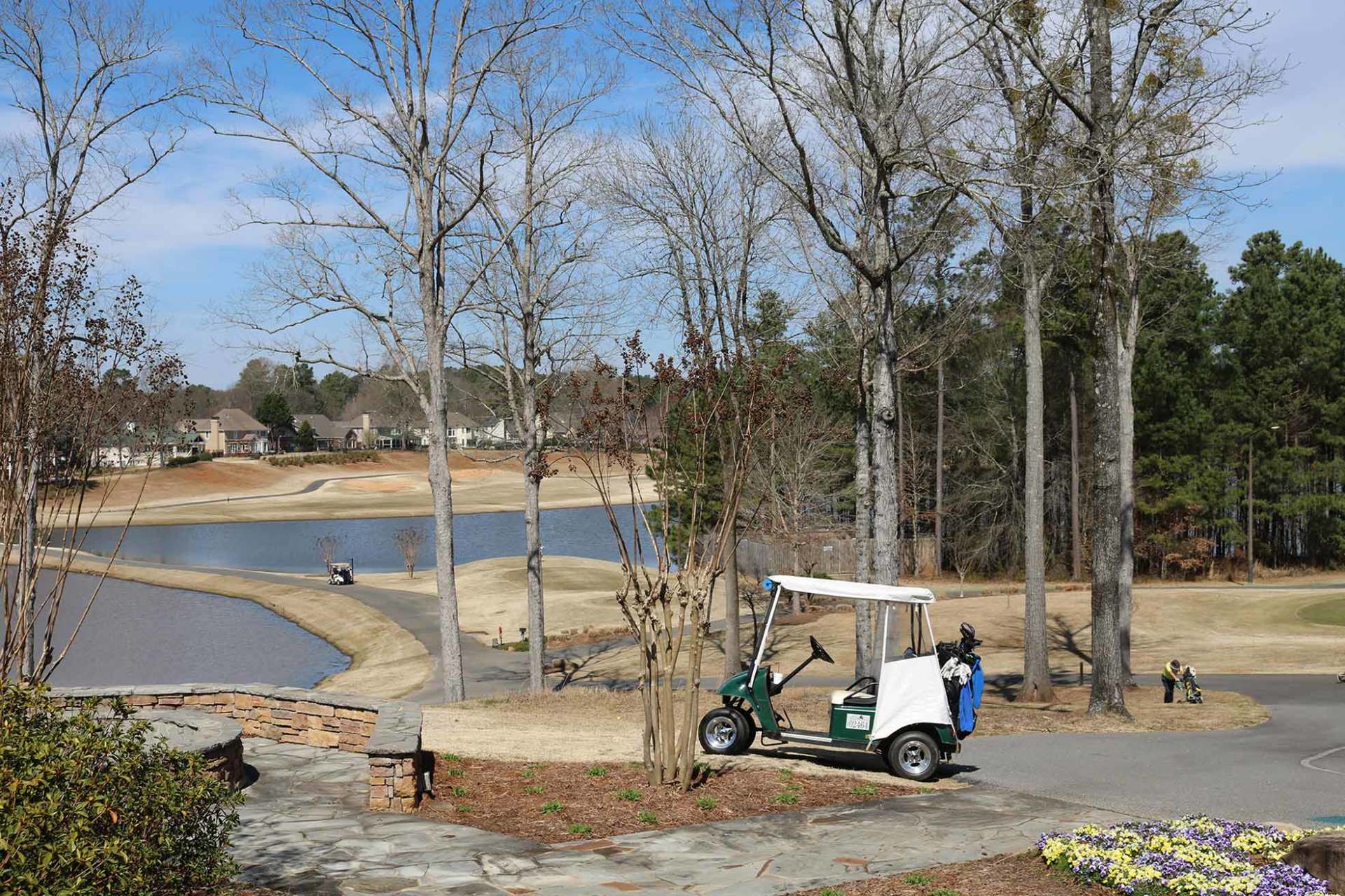 golf cart in front of lake