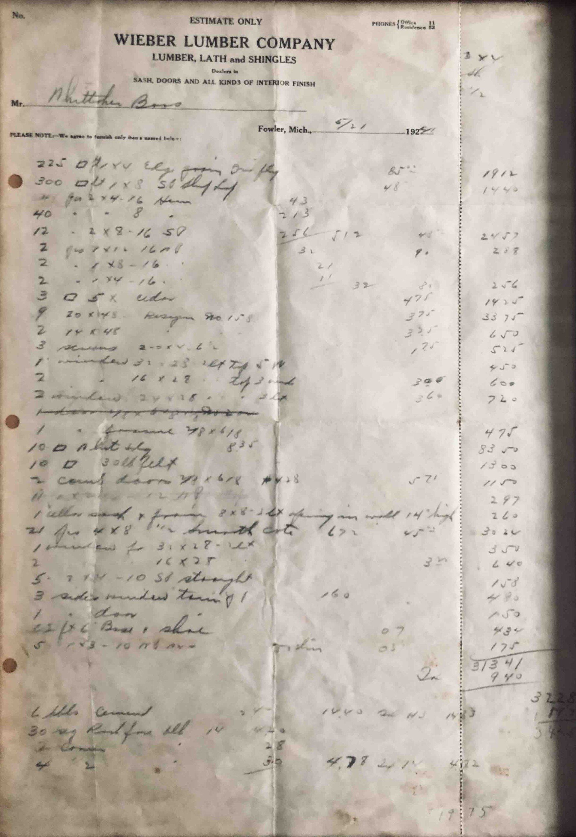 A faded, handwritten invoice from the Weber Lumber Company listing various materials, quantities, and prices.