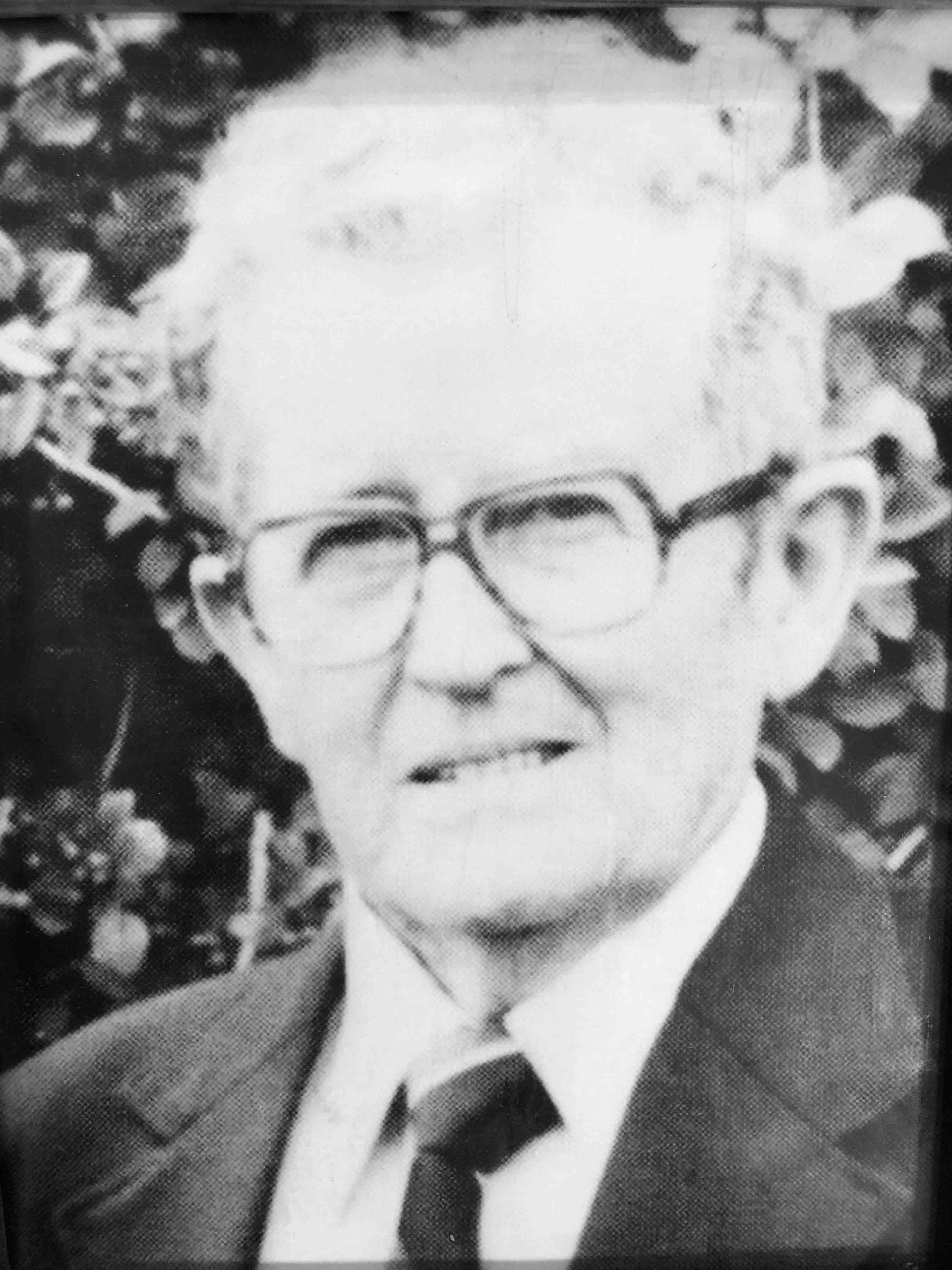 A headshot of a person wearing glasses, a collared shirt, and a tie, set against a background of foliage.
