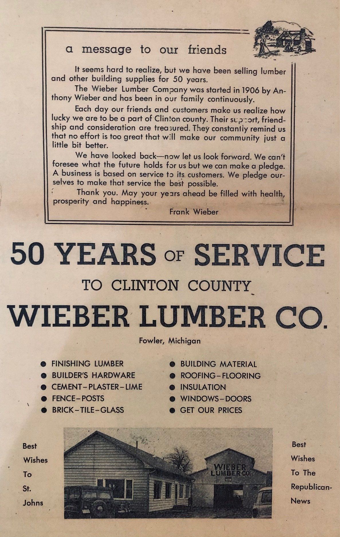 A 50th-anniversary advertisement for Wieber Lumber Co. in Clinton County, featuring a message from the owner and a store photo.