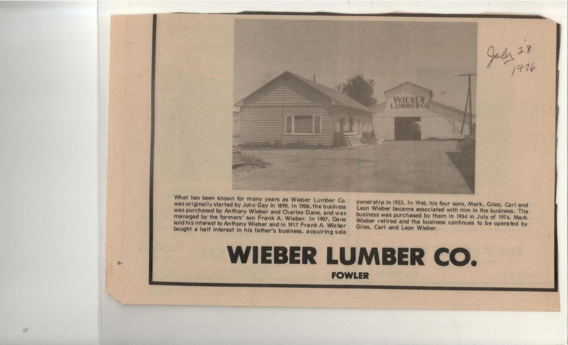 A black-and-white newspaper clipping showing the Wieber Lumber Co. office and yard in Fowler, dated July 23, 1976.