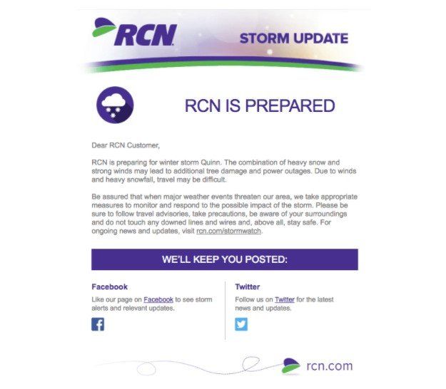 An email marketing campaign from internet service provider RCN reminds customers of power safety during stormy weather. Checking in on customers can be a great way for email marketing campaigns to build brand loyalty and provide value for consumers.