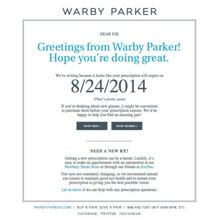 An email marketing email from Warby Parker reminds the recipient that their prescription will expire soon, and links out to their online shop to buy a new pair.