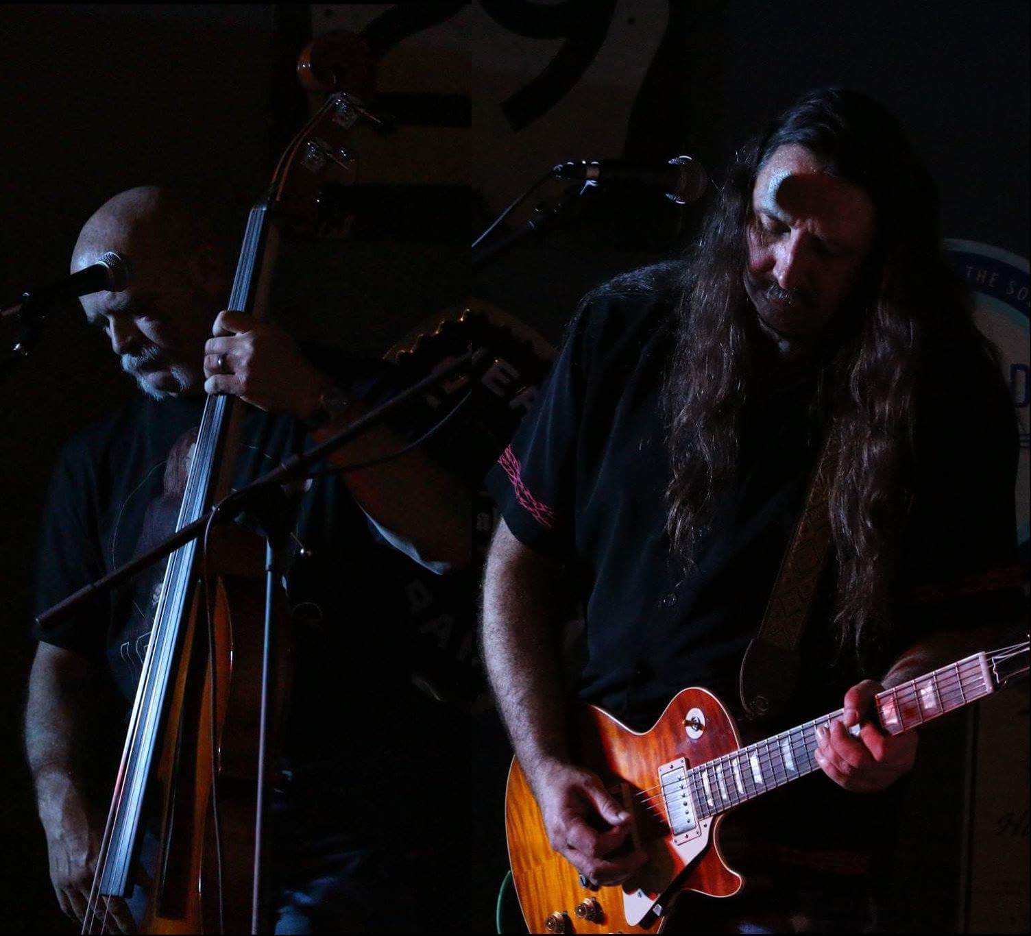 Two musicians performing live on stage. One plays a bass, the other an electric guitar. Dark stage setting.