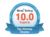 A blue and white badge that says `` top attorney divorce ''.